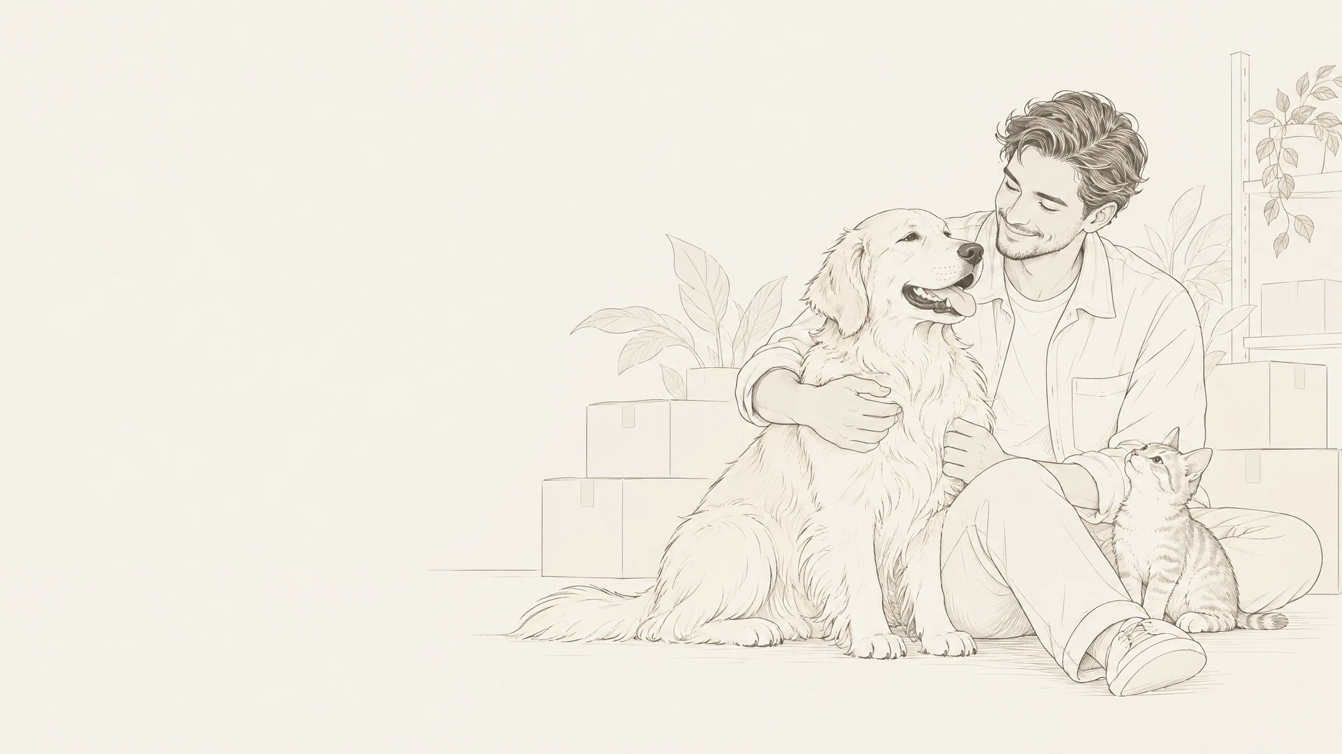 A line illustration of a person spending time with a dog and cat