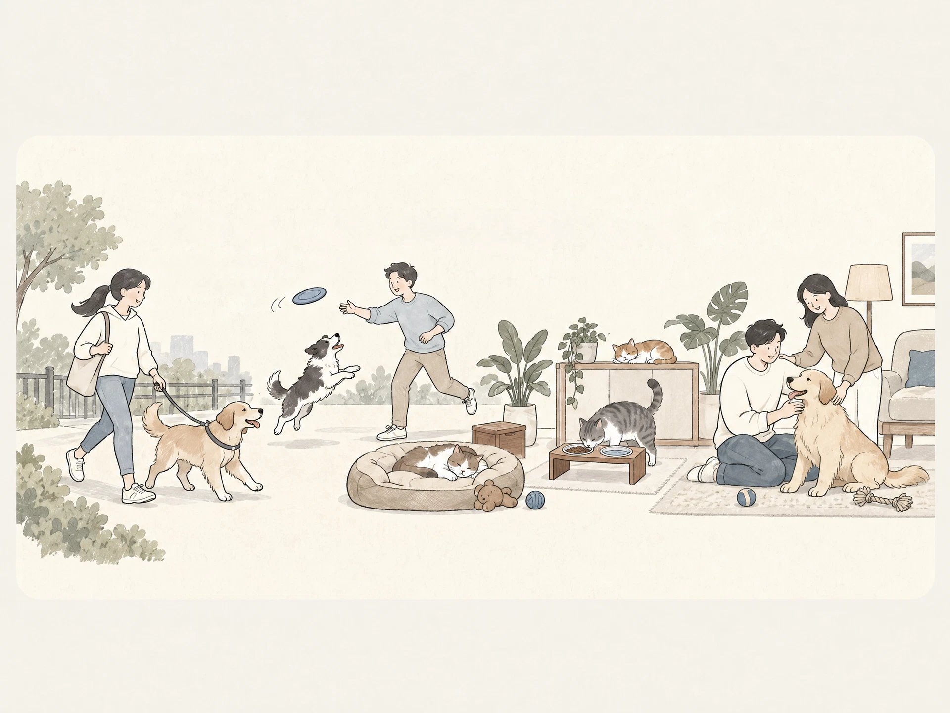 Illustrated scenes of pets and their families at home and outdoors
