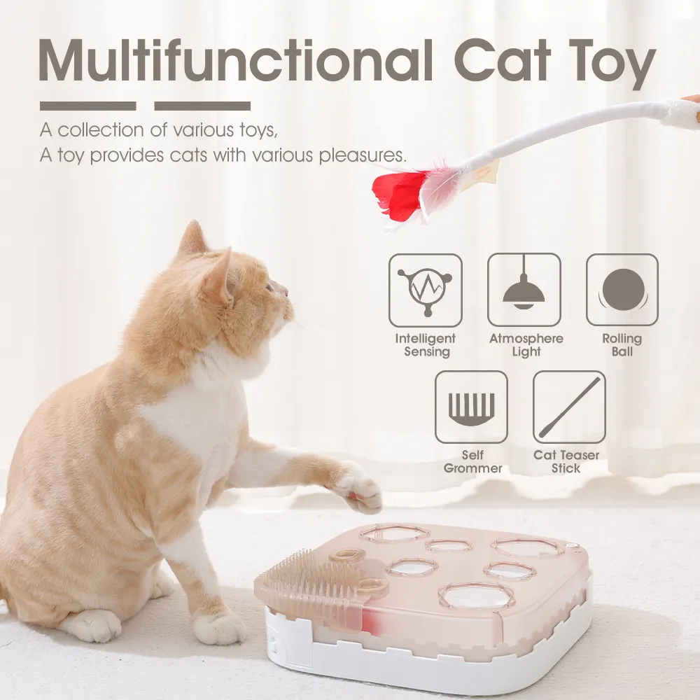Motion-Activated Rolling Cat Toy Set with Grooming Brush