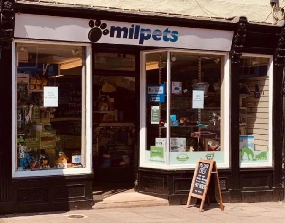 Milpets storefront in Bury St Edmunds, England, UK