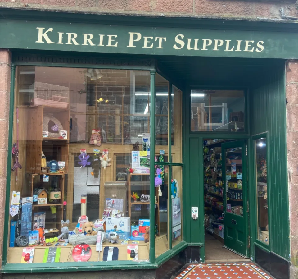 Kirrie Pet Supplies storefront in Kirriemuir, Scotland, UK